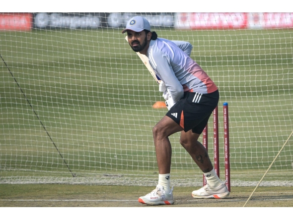 India's captain KL Rahul attends a practice session at the JSCA International Stadium in Ranchi on November 29, 2025, on the eve of the first one-day international (ODI) cricket match between India and South Africa. (Photo by DIBYANGSHU SARKAR / AFP)