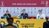 Qatar coach Julen Lopetegui (middle) speaks during a press conference yesterday.