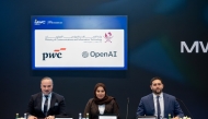 Director of the Digital Innovation Department at MCIT Iman Ahmed Al-Kuwari, Technology Consulting Partner at PwC Middle East Yazan Al Safi, and Head of Enterprise for MENA at OpenAI Farouk El Hamzawi during the agreement signing.v