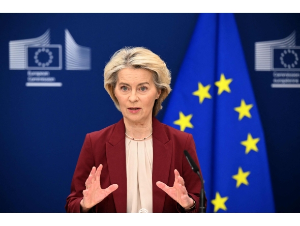 European Commission President Ursula Von der Leyen attends a press confrence in Brussels on December 3, 2025. Photo by NICOLAS TUCAT / AFP