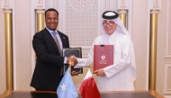 Minister of State for Foreign Affairs H E Sultan bin Saad Al Muraikhi and Somali Minister of Foreign Affairs and International Cooperation H E Abdisalam Abdi Ali exchange documents.
