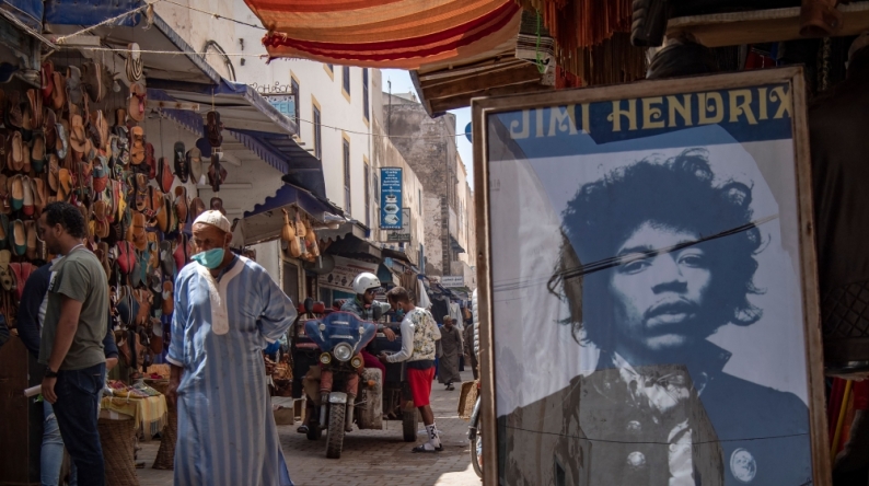 File photo: A picture taken in the Moroccan coastal city of Essaouira shows portraits of late US guitarist Jimi Hendrix on September 10, 2020. AFP / FADEL SENNA

