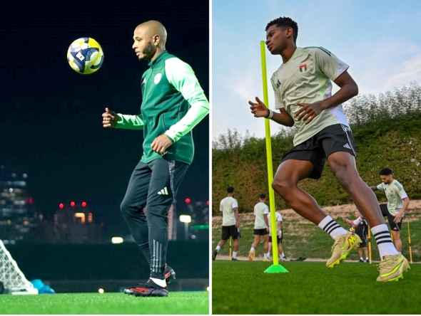 Algeria's Yacine Brahimi (left) during a training session and UAE players gear up for the quarter-final clash. 