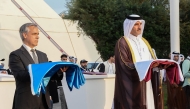 ACTA  President H E Hamad bin Nasser Al Misnad and Acting Executive Director of UNODC H E John Brandolino at the flag-raising ceremony yesterday. 
