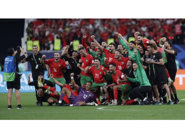 Morocco players and officials celebrate after reaching the FIFA Arab Cup final. PICTURE: Mohammed FaraG/The Peninsula