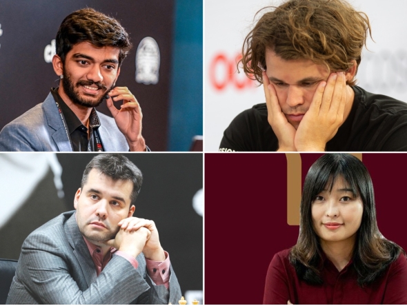 Clockwise from top left: India’s Gukesh Dommaraju, Norway's Magnus Carlsen, China's Ju Wenjun, and Ian Nepomniachtchi from Russia