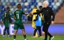 South Africa's head coach Hugo Broos shaks hands with South Africa's midfielder #11 Mohau Nkota after the Africa Cup of Nations (CAN) Group B football match between Zimbabwe and South Africa at Marrakesh Stadium in Marrakesh on December 29, 2025. (Photo by Khaled Desouki / AFP)
