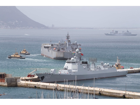 A general view of Chinese and Iranian navy ships docked at Simon's Town Harbour near Cape Town, on January 8, 2026 (Photo by RODGER BOSCH / AFP)