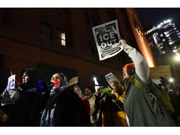 People march in protest against ICE after the fatal shooting of Renee Nicole Good in downtown Minneapolis, Minnesota on January 9, 2026. A US Immigration and Customs Enforcement (ICE) agent shot and killed 37-year-old Renee Nicole Good on the streets of Minneapolis on January 7, leading to huge protests and outrage from local leaders (Photo by Octavio Jones / AFP)