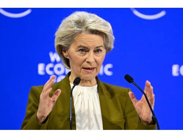 European Commission President Ursula von der Leyen gestures as she delivers a speech during the World Economic Forum (WEF) annual meeting in Davos on January 20, 2026. Photo by Fabrice COFFRINI / AFP