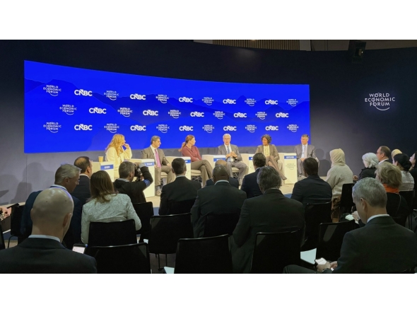 QCB  Governor H E Sheikh Bandar bin Mohammed bin Saoud Al Thani with other panelists during the panel discussion at the World Economic Forum 2026 in Davos, Switzerland.