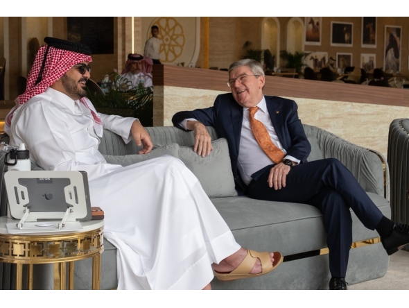 Qatar Olympic Committee President and President of the Organising Committee of the Doha Equestrian Tour, H E Sheikh Joaan bin Hamad Al Thani, and International Olympic Committee Honorary President Dr Thomas Bach attend the third and final day of H H The Father Amir’s Prix Tour 3 at Al Shaqab yesterday.