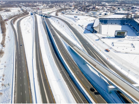 In an aerial view, road conditions are seen on the interstate following a major snow storm on January 26, 2026 in Louisville, Kentucky. Jon Cherry/Getty Images/AFP