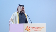 President of the Olympic Council of Asia (OCA) H E Sheikh Joaan bin Hamad Al Thani speaks during OCA’s 46th General Assembly in Tashkent, Uzbekistan, yesterday.