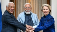 India's Prime Minister Narendra Modi (C) poses for a photograph with European Commission President Ursula von der Leyen (R) and European Council President Antonio Costa before their meeting at the Hyderabad House in New Delhi on January 27, 2026. Photo by Sajjad HUSSAIN / AFP