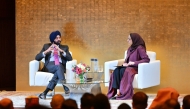 QatarDebate Ambassador and a student at Georgetown University in Qatar Moza Al-Hajri in conversation with President of the World Bank Group Ajay Banga.