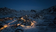 An aerial view shows the city of Sisimiut, Greenland on January 30, 2026. (Photo by Ina FASSBENDER / AFP)