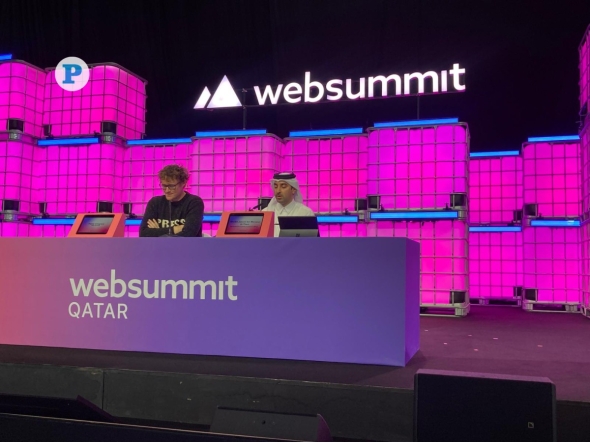 Web Summit Founder and CEO Paddy Cosgrave and GCO Director H E Sheikh Jassim bin Mansour bin Jabor Al-Thani addressing the press conference today. 