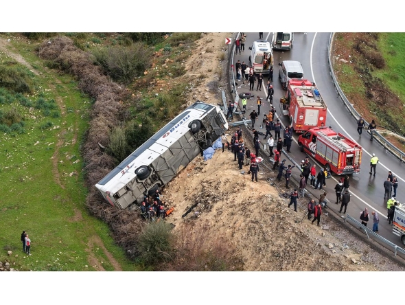 This handout photograph taken and released on February 1, 2026 by Turkish news agency DHA (Demiroren News Agency) shows an aerial view of a Bus accident where first aid official work in Antalya. Photo by Handout / DHA (Demiroren News Agency) / AFP