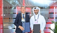 Chief Administrative Officer at Vodafone Qatar Abdulla Ali AlMisnad and Vice President, Academics at UDST Dr. Rachid Benlamri during the MoU signing ceremony at Web Summit Qatar 2026.