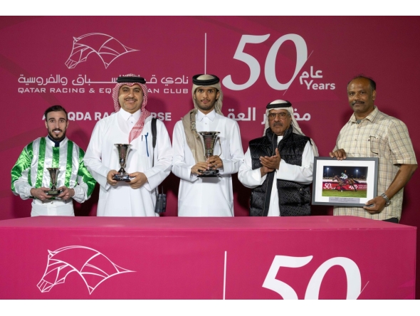QREC Racing Manager Abdulla Rashid Al Kubaisi honoured the winners of Al Markhiya Cup. PIC: Juhaim/QREC  