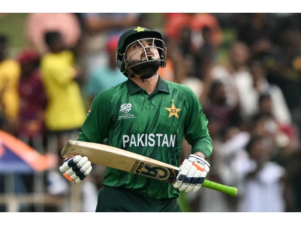 Pakistan's Faheem Ashraf celebrates his team's win against Netherlands at the end of their 2026 ICC Men's T20 Cricket World Cup group stage match in the Sinhalese Sports Club (SSC) Ground of Colombo on February 7, 2026. (Photo by Ishara S. Kodikara / AFP)