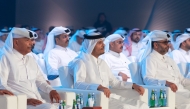 Speaker of the Shura Council H E Hassan bin Abdullah Al Ghanim, Prime Minister and Minister of Foreign Affairs H E Sheikh Mohammed bin Abdulrahman bin Jassim Al-Thani, and other dignitaries at the awards ceremony yesterday. 