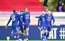 Desire Doue (right) celebrates with teammates after scoring Paris Saint-Germain’s third goal against Monaco.