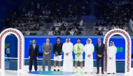 Olympic Council of Asia and Qatar Olympic Committee President H E Sheikh Joaan bin Hamad Al Thani presented the Golden Falcon Trophy to Carlos Alcaraz after the Spaniard won the Qatar ExxonMobil Open, defeating Arthur Fils of France in the final at the Khalifa International Tennis and Squash Complex yesterday. Qatar Tennis Federation President Nasser Al Khelaifi and Senior officials of ExxonMobil are also present.