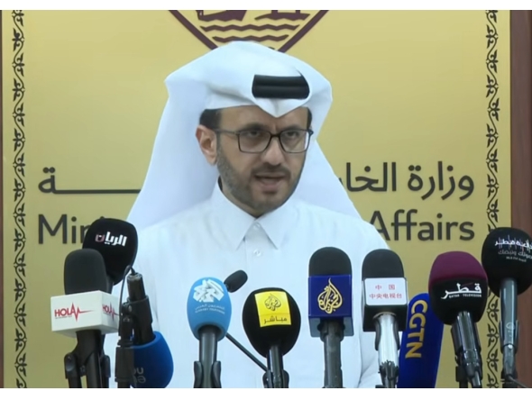 A screengrab from the press conference of Advisor to the Prime Minister and Official Spokesperson for the Ministry of Foreign Affairs Dr. Majed bin Mohammed Al-Ansari held today in Doha.