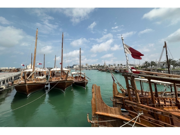 Traditional dhow boats are moored along the corniche in Doha on March 10, 2026. Photo by AFP