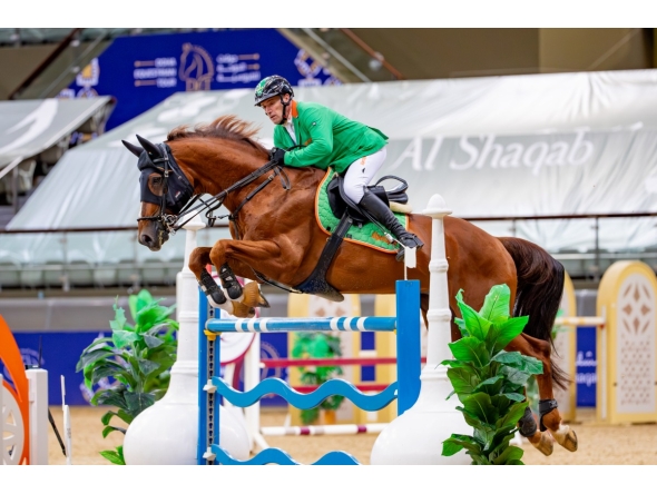 Austrian Geoffrey Backe on Equitron competes during the Diamond category event. 