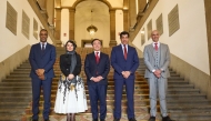 Ambassador of Qatar to Spain H E Salem bin Mubarak Al Shafi (second right) with Spanish Minister of Foreign Affairs H E Jose Manuel Albares (centre) and other ambassadors. 
