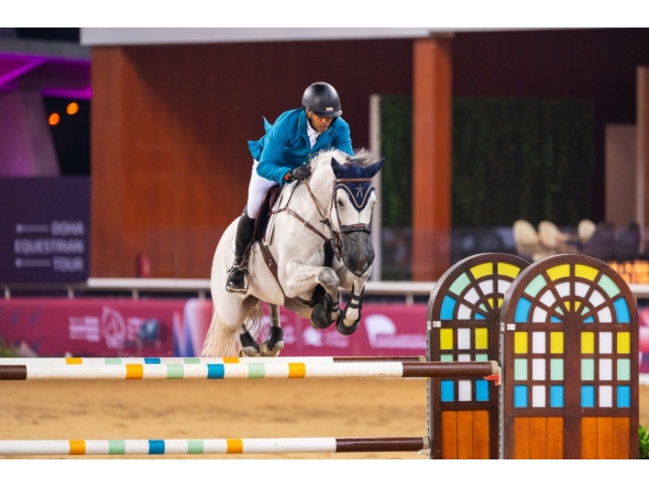 Qatari rider Bassem Mohammed guides Wathnan Zodiak over a fence during the CSI5* 145cm event.