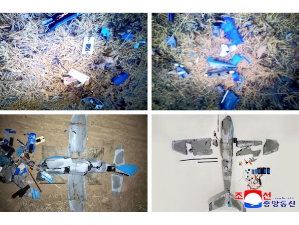 (FILES) These images taken on January 4, 2026 and released as a combo image by North Korea's official Korean Central News Agency (KCNA) via KNS on January 10, 2026 shows wreckage of a drone that North Korea claims originated from South Korea, and brought down by specialised electronic warfare assets after violating North Korean airspace. (Photo by KCNA VIA KNS / AFP)