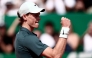 Italy's Jannik Sinner celebrates after winning against Germany's Alexander Zverev during the Monte Carlo ATP Masters Series Tournament semi-final tennis match on Court Rainier III at the Monte-Carlo Country Club in Roquebrune-Cap-Martin, south-eastern France (Photo by Thibaud Moritz / AFP)