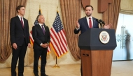 US Vice President JD Vance (R) speaks during a news conference after meeting with representatives from Pakistan and Iran, as Jared Kushner (L) and US Special Envoy to the Middle East Steve Witkoff (C) watch, in Islamabad on April 12, 2026. (Photo by Jacquelyn Martin / POOL / AFP)