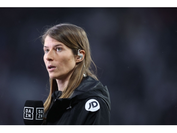 (FILES) Union Berlin's German assistant coach Marie-Louise Eta gives an interview prior to the German first division Bundesliga football match between RB Leipzig and Union Berlin in Leipzig, eastern Germany on February 4, 2024. (Photo by Ronny HARTMANN / AFP)