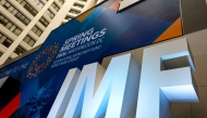 The stage in the atrium of the International Monetary Fund (IMF) headquarters is seen during the first day of the 2026 Spring Meetings of the IMF and the World Bank Group (WBG) in Washington, DC, on April 13, 2026. (Photo by Kent Nishimura / AFP)