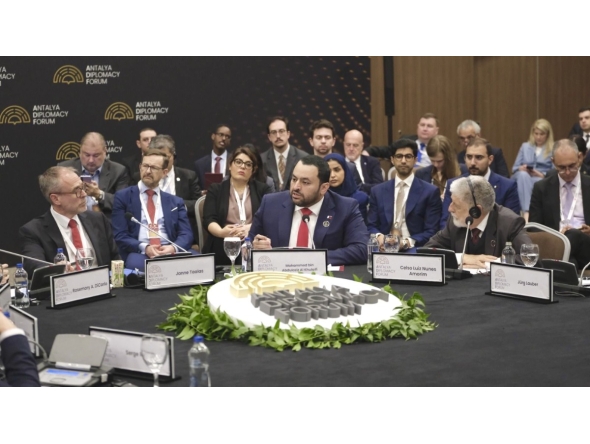 Minister of State at the Ministry of Foreign Affairs H E Dr. Mohammed bin Abdulaziz bin Saleh Al Khulaifi during the high-level session on the sidelines of the fifth Antalya Diplomacy Forum.