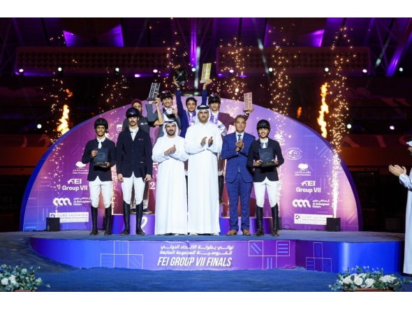 President of Regional Group VII of the International Equestrian Federation Sultan Mohammed Al Yahyai, and Tournament Director Sheikh Talal bin Khalid Al Thani, pose with the podium winners at Al Shaqab. 