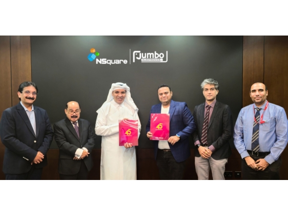 Vice Chairman and Managing Director of Jumbo Electronics Sajed Sulaiman, Director and CEO of Jumbo Electronics CV Rappai with officials from NSquare Xperts during the event.
