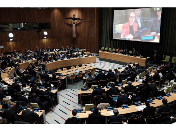 Costa Rican economist and former Second Vice President Rebeca Grynspan speak during a hearing to be considered as the next Secretary-General of the United Nations at the UN Headquarters in New York, on April 22, 2026. Grynspan is among four candidates vying for the position currently held by Portugal's Antonio Guterres. (Photo by CHARLY TRIBALLEAU / AFP)