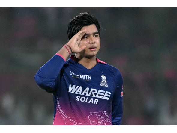 Rajasthan Royals' Indian cricket player Vaibhav Sooryavanshi celebrates after scoring a century at the Sawai Mansingh Stadium in Jaipur on April 25, 2026. (Photo by Indranil Mukherjee / AFP) 