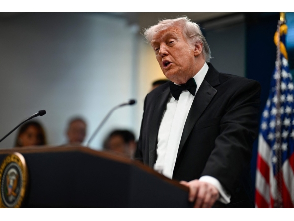 US President Donald Trump speaks during a press briefing in the Brady Briefing Room at the White House in Washington, DC, shortly after a shooting incident at the White House Correspondents’ Dinner on April 25, 2026. (Photo by Kent NISHIMURA / AFP)
