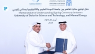 President of UDST, Dr. Salem Al-Naemi (right) and Vice Chairman, Executive Committee at Mannai Energy Khalid Ahmad Al-Mannai during the MoU signing, yesterday. Pic: Rajan Vadakkemuriyil/ The Peninsula