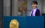 (FILES) Myanmar democracy icon Aung San Suu Kyi delivers her Nobel speech during the Nobel ceremony at Oslo's City Hall on June 16, 2012. (Photo by DANIEL SANNUM LAUTEN / POOL / AFP)
