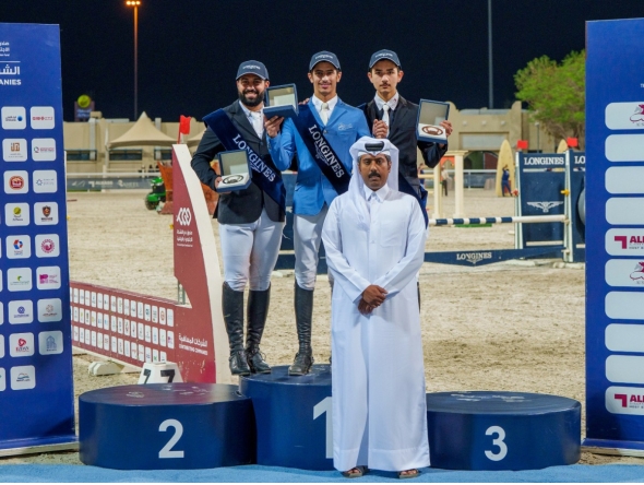 The podium winners of the Silver Tour pose with Deputy Director of the tournament Saeed Hamad Al-Rashdi.
