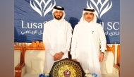 Lusail SC President Nawaf Mohammed Al-Mudahka with Sheikh Saud bin Khalid bin Hamad Al-Thani during the event held at Al-Aqla Lusail yesterday. 