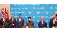 Qatar’s Permanent Representative to United Nations H E Sheikha Alya Ahmed bin Saif Al-Thani alongwith representatives of US and Gulf states adressing the  press regarding Security Council draft resolution on the Strait of Hormuz.